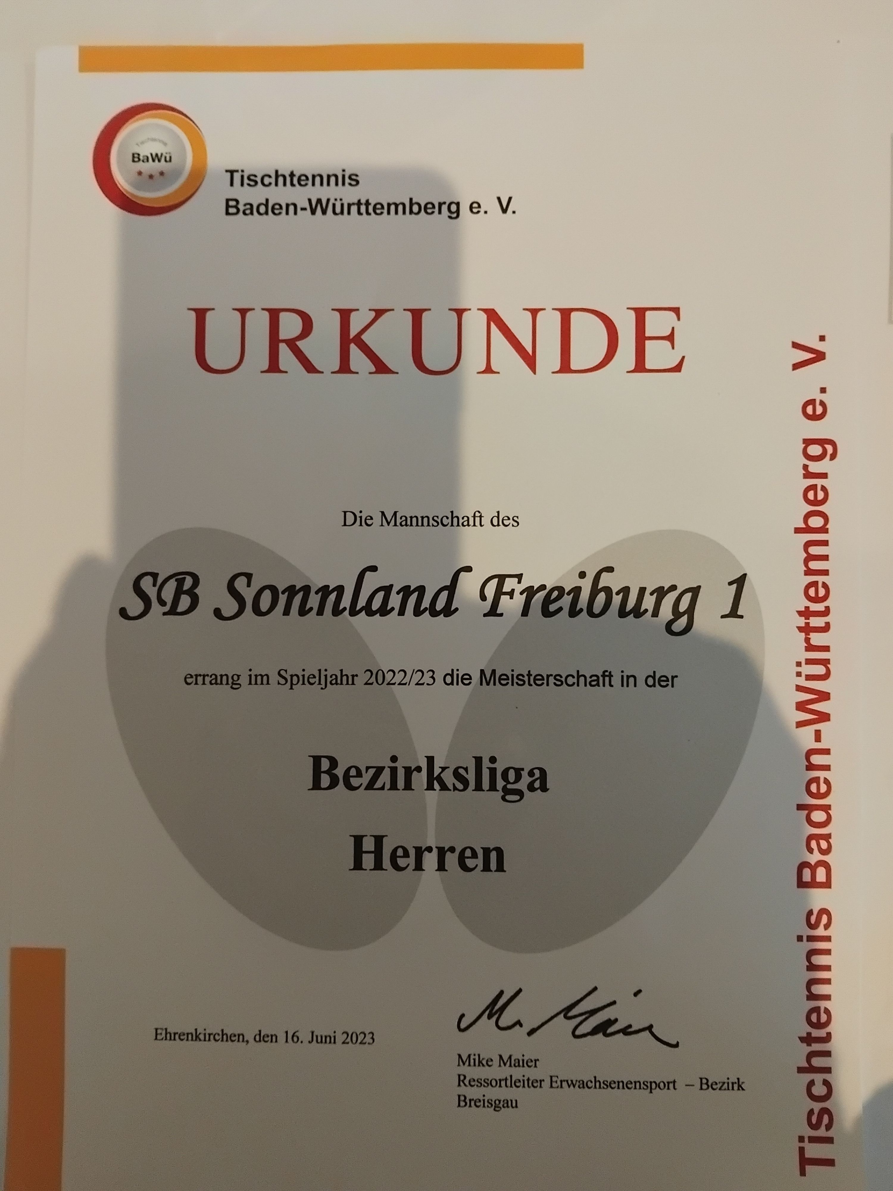 Urkunde 1.Mannschaft Bezirksliga